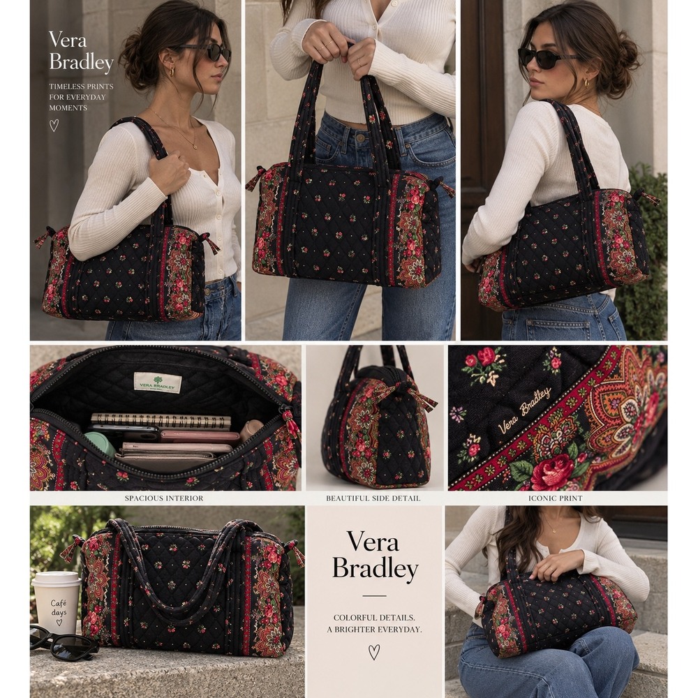 Vera Bradley Quilted Cotton Floral Paisley Barrel Duffel Shoulder Bag Black Red